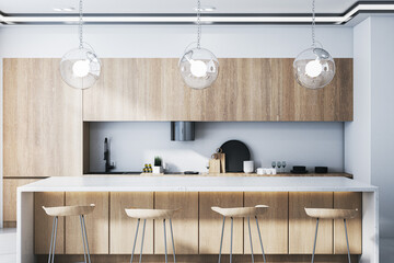 Luxury wooden kitchen interior with equipment and daylight. 3D Rendering.