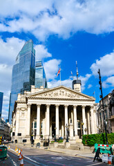 The Royal Exchange Building on Bank Junction in London, England