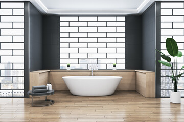 Contemporary bathroom interior with bathtub, abstract windows and reflections on wooden flooring. 3D Rendering.