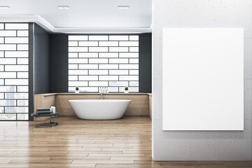 Fototapeta na wymiar Modern bathroom interior with blank mock up banner on wall, bathtub, abstract windows and reflections on wooden flooring. 3D Rendering.