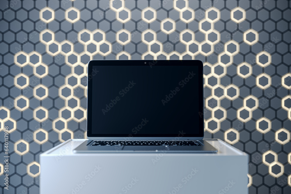 Aufkleber Empty laptop screen on pedestal with mock up place and gray hexagonal background. Creative presentation concept. 3D Rendering.