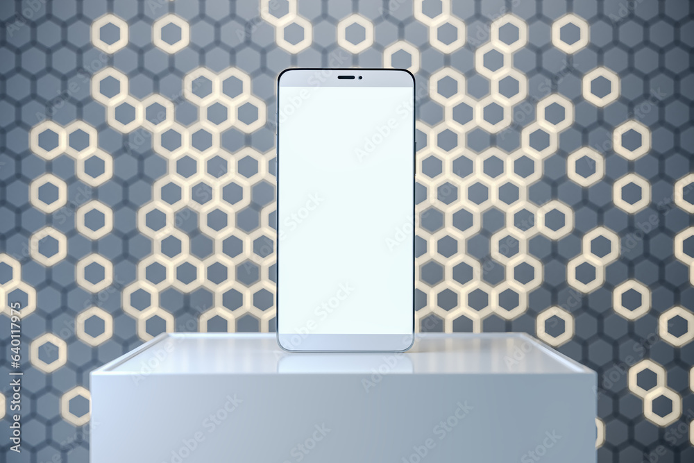 Aufkleber Empty white cellphone screen on pedestal with mock up place and gray hexagonal background. Creative presentation concept. 3D Rendering.