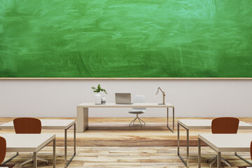 Modern classroom interior with green chalkboard and wooden flooring. Mock up place. Back to school concept. 3D Rendering.