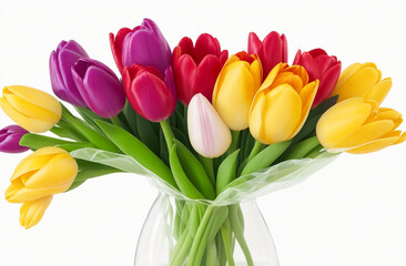 Colorful bouquet of tulips isolated on white background,