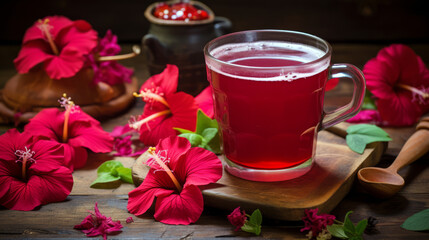 Fototapeta na wymiar hibiscus tea with flowers