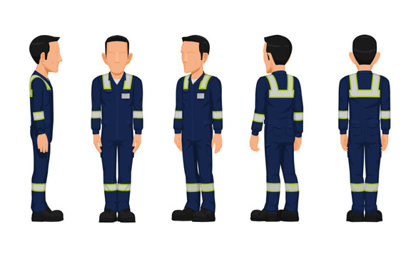 set of worker turn around on white background