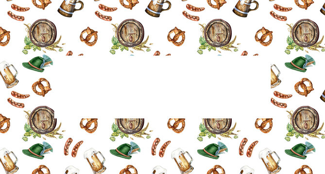 Frame of wooden beer barrel and mug, German hat watercolor illustration isolated on white. Hop, wheat ear, pretzel, sausages hand drawn. Design for brewing festival, package, label, signage, menu