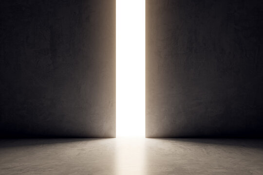 Bright line opening on black concrete wall background with mock up place. Future, way and ambition concept. 3D Rendering.