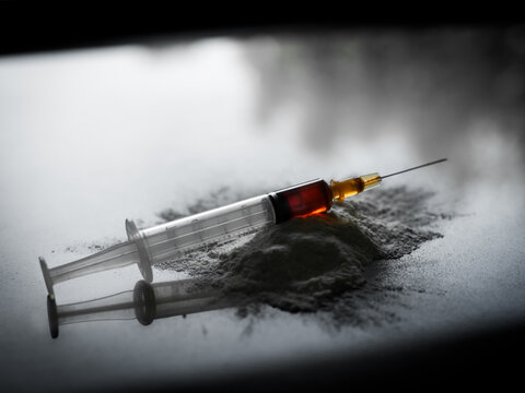 Heroin Drug Needle in Syringe, Narcotic Crime Cocaine Addict Treatment Liquid Abuse with Powder Medicine of Junkie Overdose Depression Addiction Illness Pain Concept.