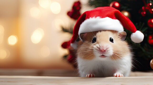 A heartwarming image of a charming hamster wearing a miniature Christmas hat, its tiny paws and bright eyes adding a touch of holiday cheer