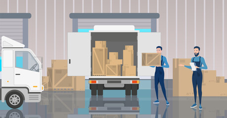 Workflow in a large warehouse for the delivery of goods. Cartoon, vector illustration.