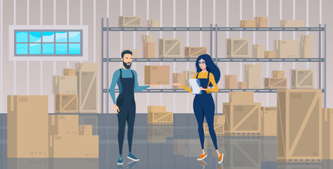 Workflow in a large warehouse for the delivery of goods. Cartoon, vector illustration.