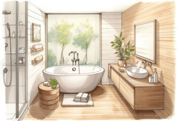 Pencil Sketch Cozy Scandinavian Bath Interior extreme closeup. Generative AI