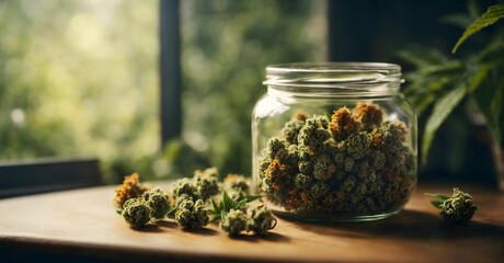 Cannabis buds in a glass jar on a wooden table.