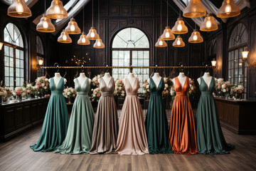 Naklejka premium Row of Beautiful Luxury Colorful Dresses on Hangers in a Showroom extreme closeup. Generative AI.