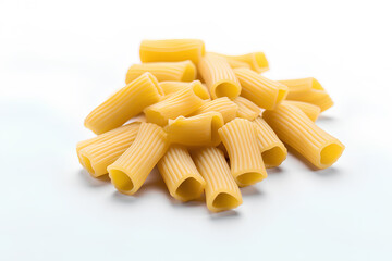 Raw rigatoni pasta isolated on white background.