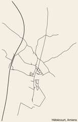 Detailed hand-drawn navigational urban street roads map of the H&Eacute;B&Eacute;COURT COMMUNE of the French city of AMIENS, France with vivid road lines and name tag on solid background