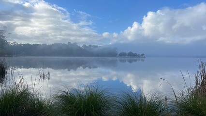 clouds and mist over lake Rotorua(Hamilton Lake).