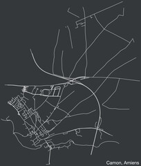 Detailed hand-drawn navigational urban street roads map of the CAMON COMMUNE of the French city of AMIENS, France with vivid road lines and name tag on solid background