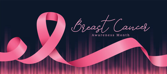 October, Breast cancer awareness month - Text and line pink ribbon awareness with rolling heart shape sign on abstract dots texture and dark blue background vector design