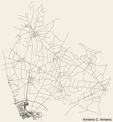 Obraz premium Detailed hand-drawn navigational urban street roads map of the AMIENS-2 CANTON of the French city of AMIENS, France with vivid road lines and name tag on solid background