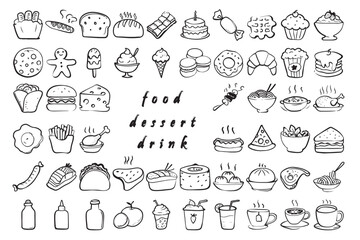 food illustration design doodle set vector menu collection for restaurant, sweet dessert cake icon, sketch line cartoon hand drawing, tasty drink birthday party decoration, vintage draw delicious eat