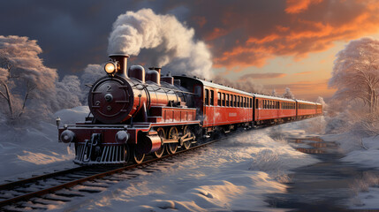 Retro Steam Powered Train Moving Through Winter Snow Covered Forest extreme closeup. Generative AI