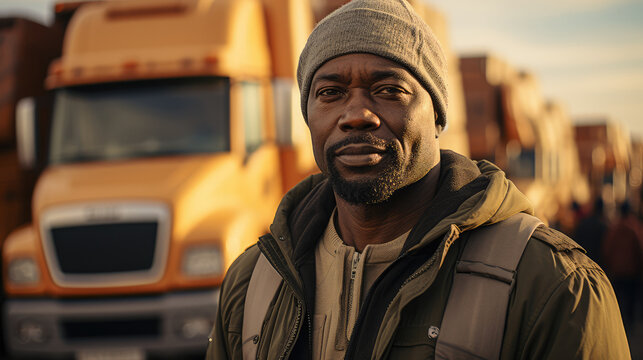 Portrait of Truck Driver in Front Truck extreme closeup. Generative AI