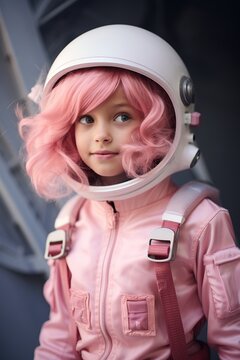 A young girl wearing a vibrant pink space suit, with a cosmic future ahead of her, stands confidently, ready to explore the universe like a celestial doll