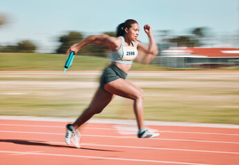 Fast, race and athlete running relay sprint in competition or fitness game or training for energy...
