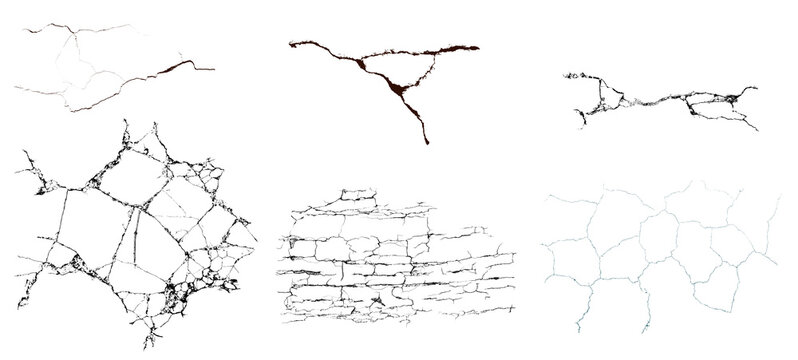 PACK Several cracks pattern for making brushes isolated on transparent background design element, distressed fracture line, realistic split effect overlay texture for grunge graphic assetmacro