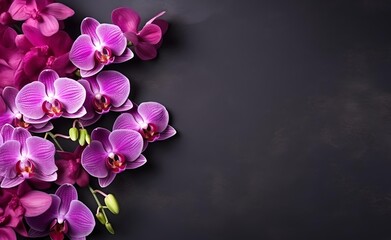 Naklejka na ściany i meble A bouquet of orchid flowers on black pastel background.