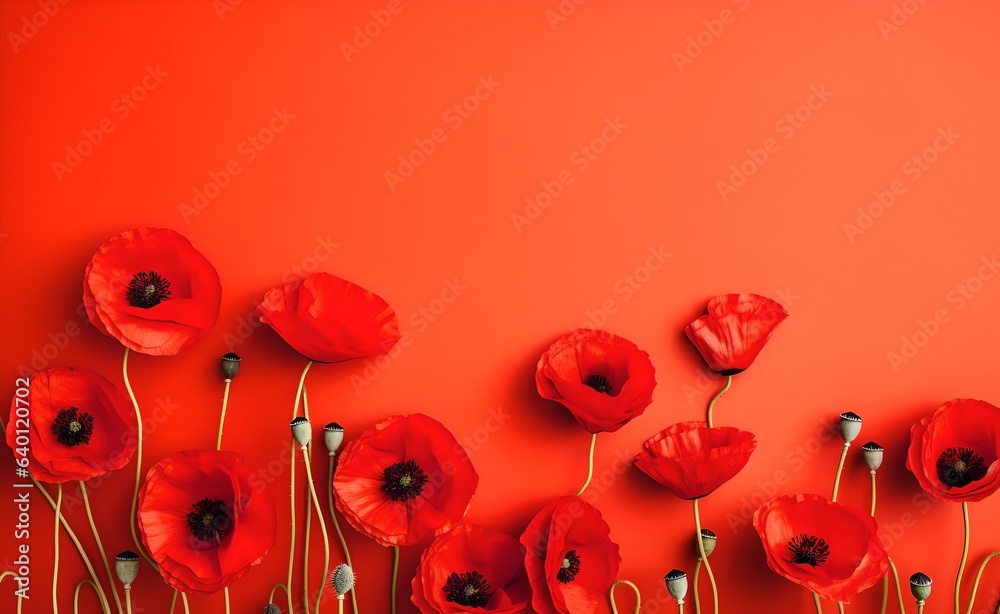 Wall mural red field poppies flowers on bright red pastel background.