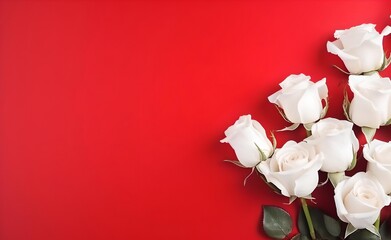 White brunch of roses on bright red pastel background.