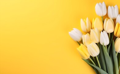 Yellow and white tulip flowers bouquet in front of yellow background. 