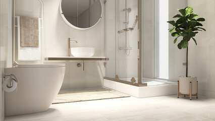 Luxury cream white bathroom with modern toilet bowl, vanity counter, shower room enclosure with fiddle leaf fig tree, wall, floor tile in sunlight from window. Interior design decoration background 3D