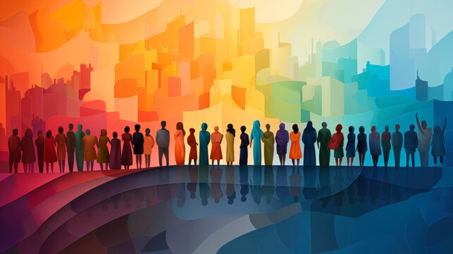 Diversity and inclusion concept. Human silhouette figures of different gender, age and race standing in front of a multicultural city.