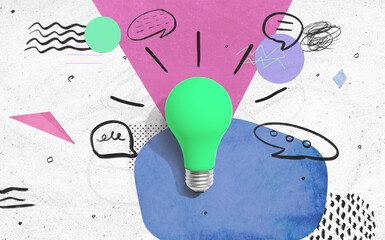 Speech bubbles and a idea light bulb - Photo collage