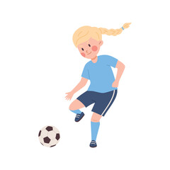 Young girl blonde with pigtail playing soccer, football cartoon child kicks the soccer ball vector isolated illustration