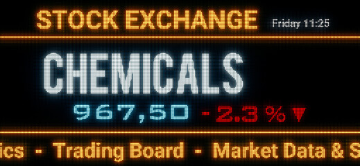 Fototapeta premium Chemicals index. Stock market data, chemical stocks price information and percentage changes on a screen. Stock exchange, business, sector index and trading concept. 3D illustration