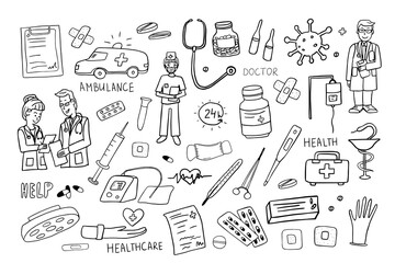 Trendy set of healthcare and medicine vector illustration.  Hand drawn. Vector illustration EPS 10 in doodle style.  Health, pill, pharmacy, ambulance, doctor.  © Natalia