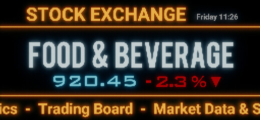 Fototapeta premium Food and Beverage index. Stock market data, food and beverage stocks price information and percentage changes on a screen. Stock exchange, business, sector index and trading concept. 3D illustration