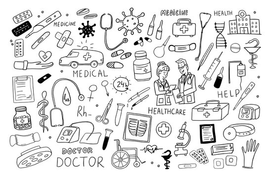 Cute set of healthcare and medicine vector illustration.  Health, pill, pharmacy, ambulance, doctor. Vector illustrations EPS 10 in doodle style.  