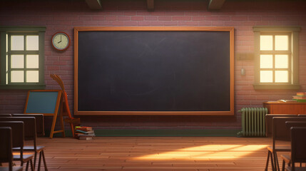 Empty Classroom Background with Chalkboard. Tables and seats on wooden floor. Education and Back to school concept. Architecture interior.