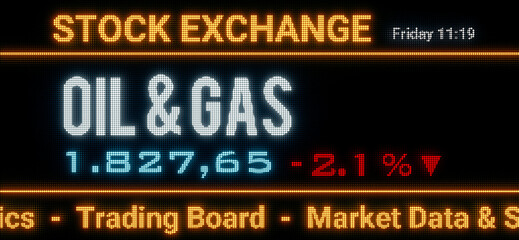 Oil and gas index. Stock market data, oil and gas stocks price information and percentage changes on a screen. Stock exchange, business, sector index and trading concept. 3D illustration