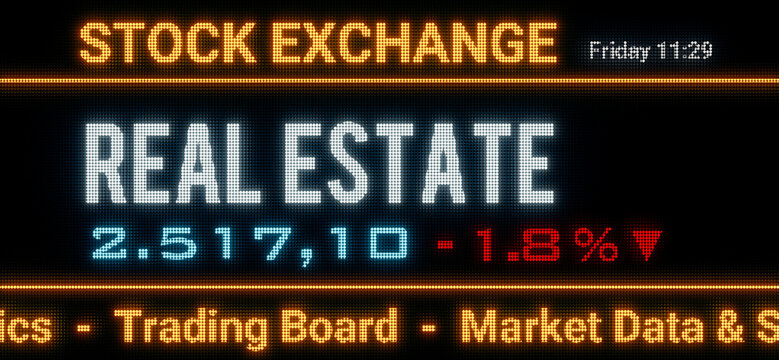 Real Estate index. Stock market data, real estate stocks price information and percentage changes on a screen. Stock exchange, business, sector index and trading concept. 3D illustration