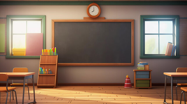 Empty Classroom Background with Chalkboard. Tables and seats on wooden floor. Education and Back to school concept. Architecture interior.