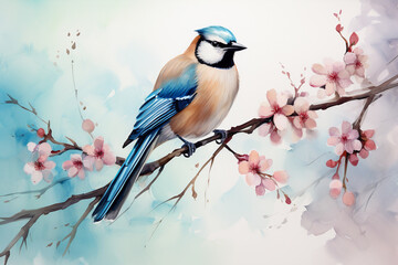 A jay on a sakura branch neutral background
