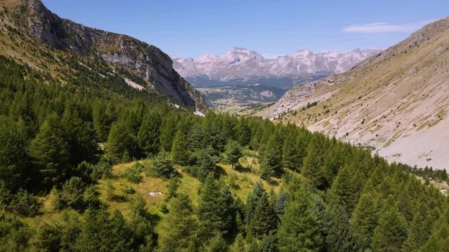 Aerial view of Col du Noyer looking towards the mountains of the Devoluy Massif in Summer. Hautes-Alpes (Alps), France