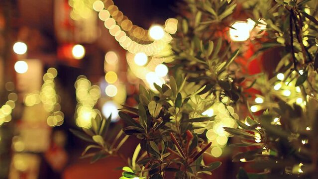 Christmas city street illuminated with holiday lights. Garlands on trees and houses with glowing warm electric lights. Christmas and New Year decoration in the city